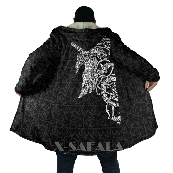 

men's wool & blends viking totem crow eagle all over 3d printed thick warm hooded cloak for men windproof fleece casual-13, Black