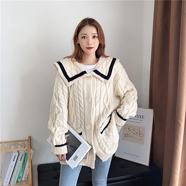 

women's knits & tees 1927 women pink sweater navy collar cardigan fashion vintage spring autumn loose korean long sleeve pocket patchwo, White