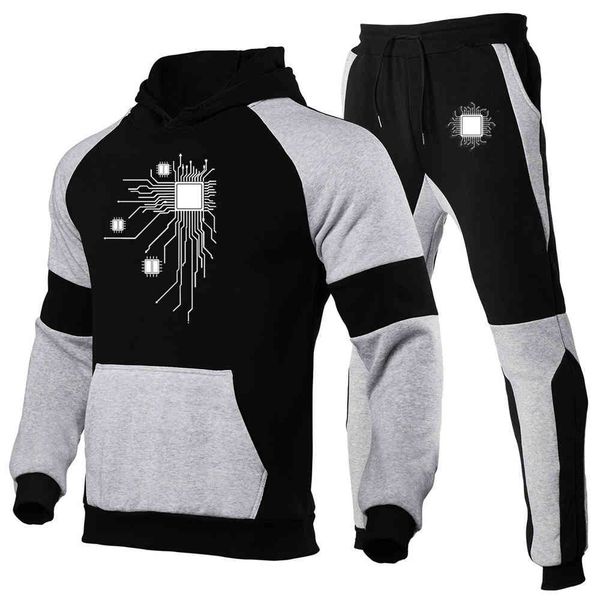 

men's hoodies & sweatshirts computer cpu core heart print sports leisure geek nerd freak hacker pc gamer hoodie+pants two-piece fitness, Black