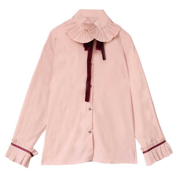 

white pink ruffle bow women shirt long sleeve sweet b0372 210514