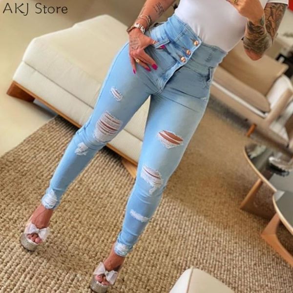 

women's jeans women high waist button design skinny, Blue