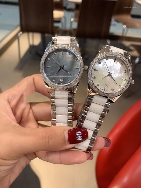 

women geometric rhinestone date watches minimalist ceramic quartz wristwatch casual ladies mother of pearl bracelet 32mm wristwatches, Slivery;brown