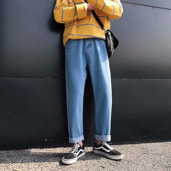

fashion 2021 cargo loose street teenagers students cropped jeans men's straight casual pants korean trendy wide leg, Blue