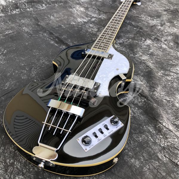 4 Telli Hofner McCartney H500/1-CT Çağdaş BB2 Keman Gitar Parlak Siyah Elektrik Bas Alev Akçaağaç Üst Arka, 2 511B Zımba Manyetikleri, İnci Kontrol Plakası