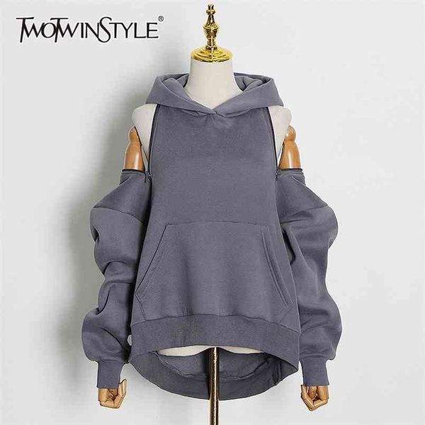 

twotwinstyle casual solid sweatshirt for women hooded collar long sleeve hollow out minimalist sweatshirts female fashion fall 210813, Black
