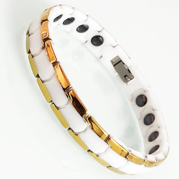

link, chain gold plated white ceramic hand bracelet for women ladies health benefit germanium magnetic therapy wristband female jewelry gift, Black