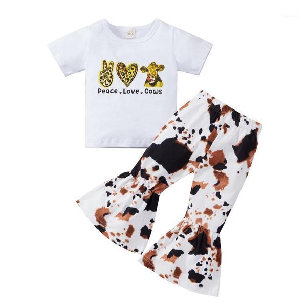 

citgeesummer kids suit set letter print o-neck short sleeve + tie dye flared trousers pants clothes clothing sets, White