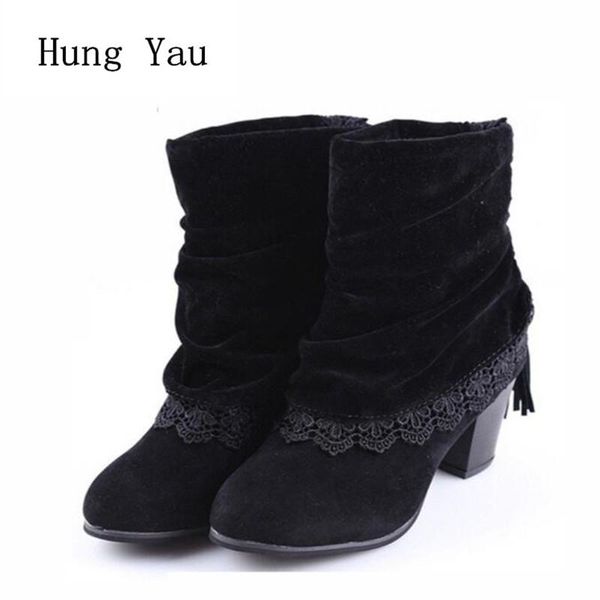 

boots women ankle high heels pumps pointed toe platform autumn winter female casual shoes fashion fringe lace, Black