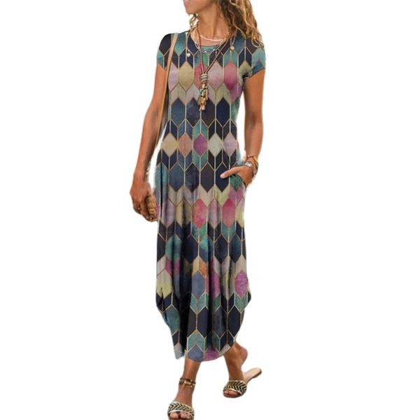 

floral print dress women casual short sleeve summer bohemian long dresses lady loose o-neck slim sundress vestidos plus size 3xl 210507, Black;gray