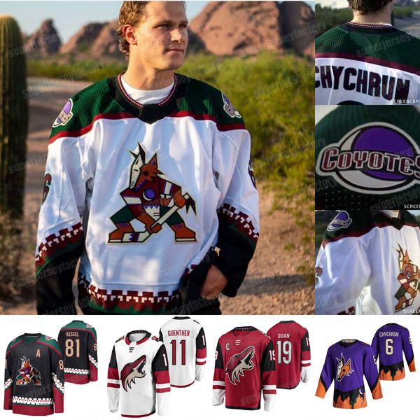 

arizona coyotes 2022 classic road white jersey phil kessel shane doan jakob chychrun clayton keller dylan guenther jeremy roenick keith tkac, Black;red