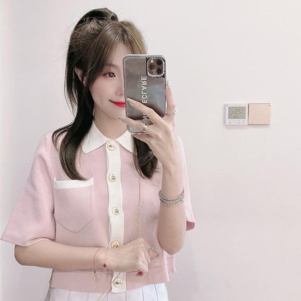 

women's knits & tees sweet baby pink creamy pockets knitted women summer cardigan short sleeve pull femme jersey mujer, White