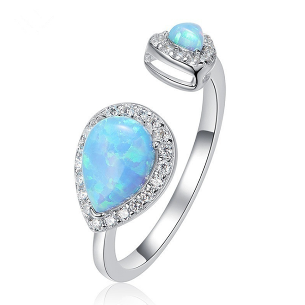 

cluster rings fyjs unique silver plated water drop blue opalite opal open finger ring with rhinestone temperament jewelry, Golden;silver