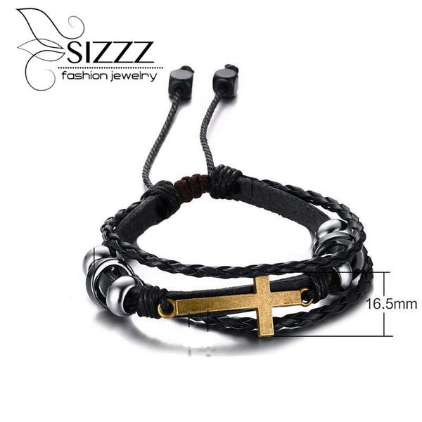 

link, chain 2021 listing alloy black gallstone cross adjustable leather hand rope personalized men bracelet