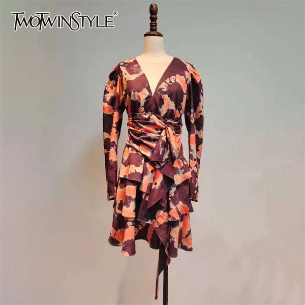 

printed patchwork ruffle dress for women v neck puff sleeve high waist hit color mini dresses female fashion 210520, Black;gray
