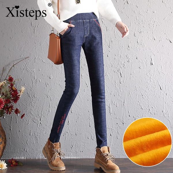 

xisteps winter thick warm velvet ealstic waist jeans for women female stretch long denim pencil pants skinny trousers plus size women's, Blue