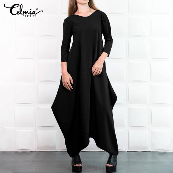 

casual dresses celmia vintage women long maxi dress 2021 autumn asymmetrical sundress ladies solid loose party vestidos robe plus size, Black;gray