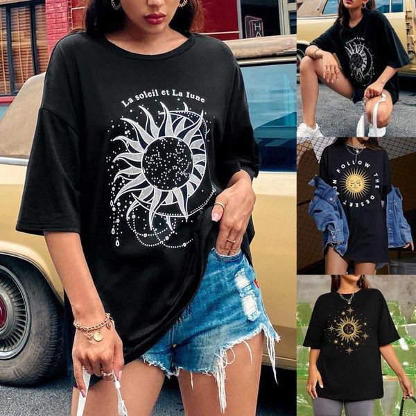 

women's t-shirt oversize harajuku sun moon pattern printed y2k short sleeve casual loose streetwear t shirt summer female, White
