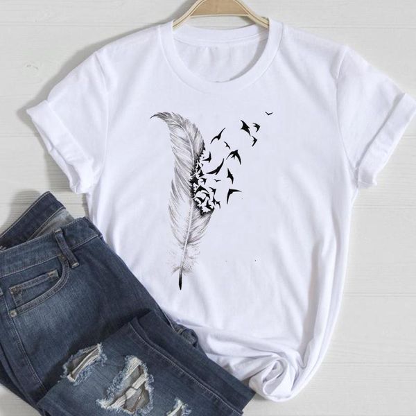 

women's t-shirt women short sleeve vintage cute feather 90s fashion cartoon summer female tshirts clothes graphic t lady print tee, White