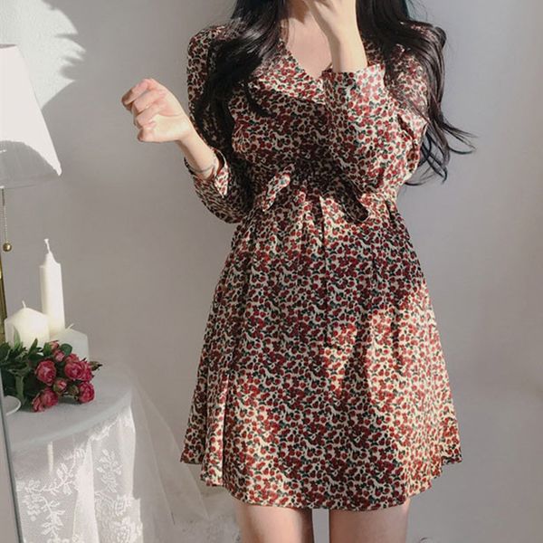 

casual dresses floral a-line vestidos v neck print dress women spring elegant fashion female vintage chiffon high waist iely, Black;gray