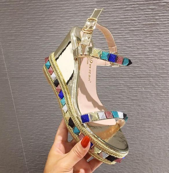 

sandals chic rivets blue gold platform wee high heels espadrilles shoes women designer size 35 to 40 tradingbear, Black