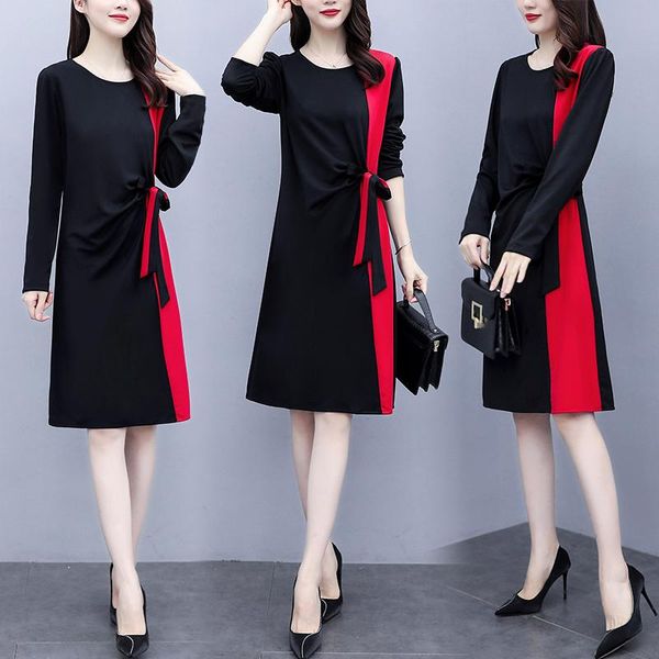 

casual dresses coigarsam women dress autumn 2022 brief office lady long sleeve patchwork loose solid o-neck belt robe, Black;gray