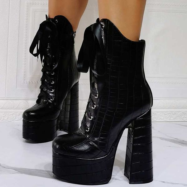 

boots winter shoes black chunky high heel platform ankle stone print round toe fashion short booty lace zip size 47