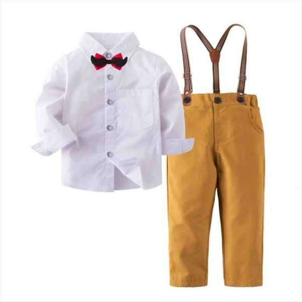 

gentleman bowtie decorated white shirt and detachable braces 2 piece set boy formal clothes birthday party suit 3292