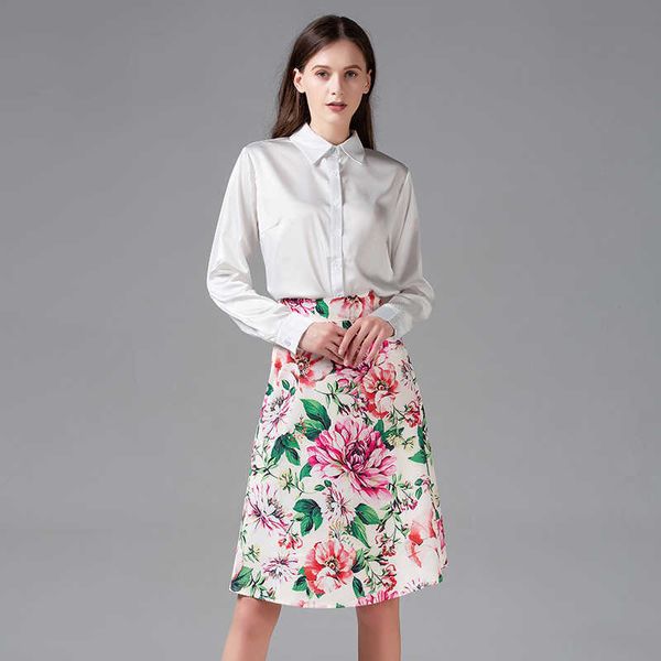 

nrj-6f-601-b-3579 runway sets spring women long sleeve shirt + flower print skirt suit 2 piece set women 210706, White