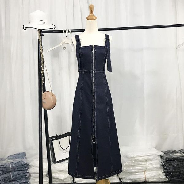 

casual dresses large women's suspender dress summer cotton slim denim strap version a long, Black;gray