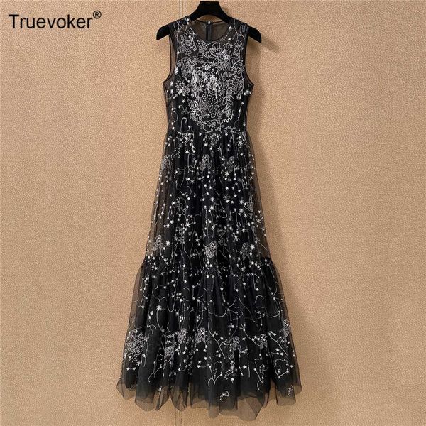 

truevoker summer high end fashion luxury party dresse's sleeveless embroidery black gauze ankle length festa vestidos 210602, Black;gray