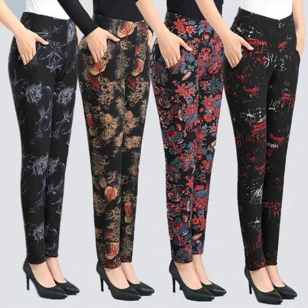 

autumn winter casual mid aged women legging pants warm velvet print loose trousers female vintage thick plus size leggins h180, Black