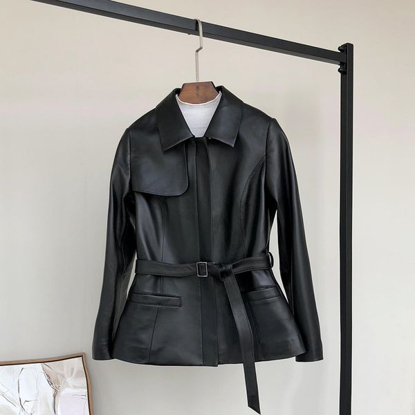 

women's leather & faux solid color trench coat casual womens simple autumn turn-down collar lace-up short jacket outerwear 237j, Black