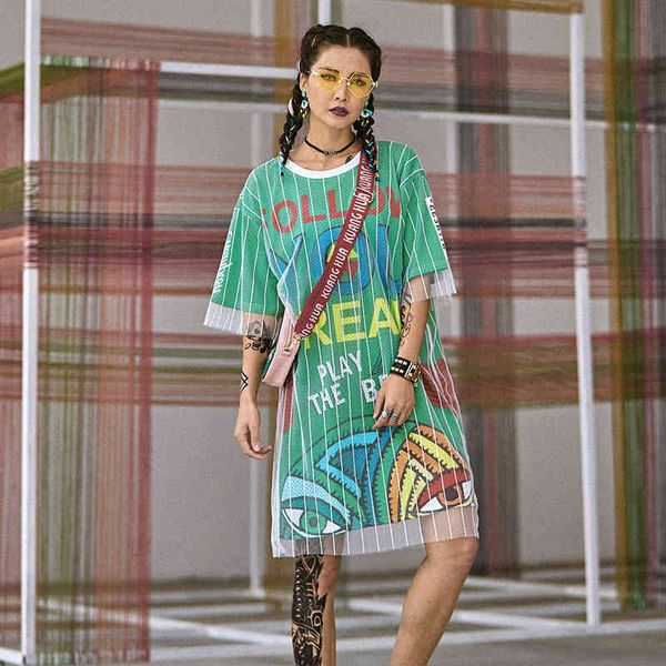 

skirts new style one-piece dress, mesh half-length t-shirt skirt, loose plus size, trendy women's fake two pieces, Black