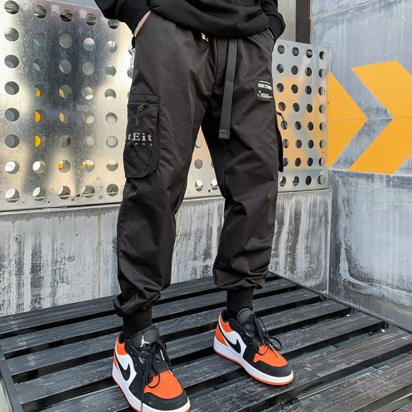 

men's pants 2021 joggers cargo for men casual hip hop hit color pocket male trousers sweatpants streetwear ribbons techwear 4.7, Black