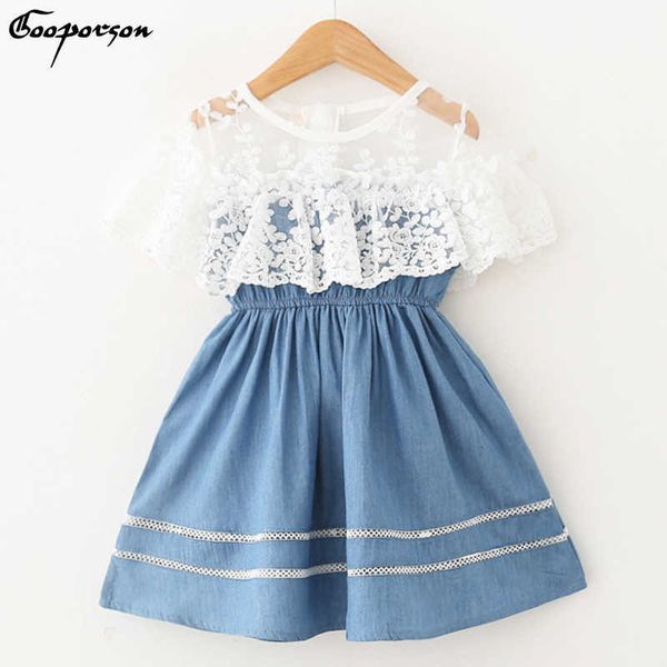 

girls fashion dress denim slim lace patchwork jeans dress casual brand kids girl's princess flower dress 210715, Red;yellow