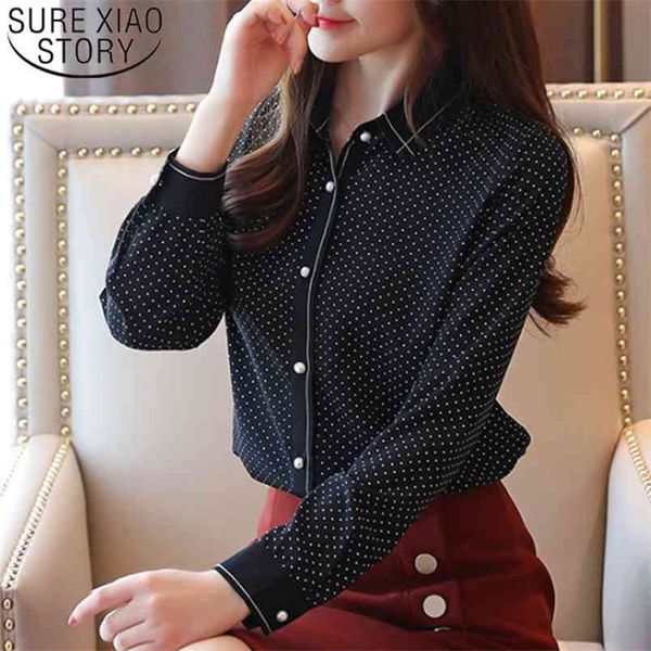 Schwarz Weiß Tops Herbst Mode Frauen Chiffon Blusen Langarm Polka Dot Casual Büro Damen Shirts 6377 50 210506