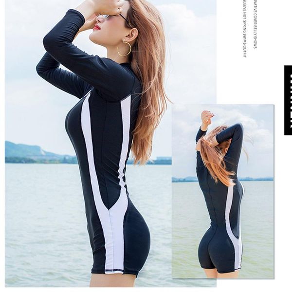 

bikini swimsuit women's professional siamese sports boxer conservative covering belly thin long sleeve spring swimwear one-piece suits