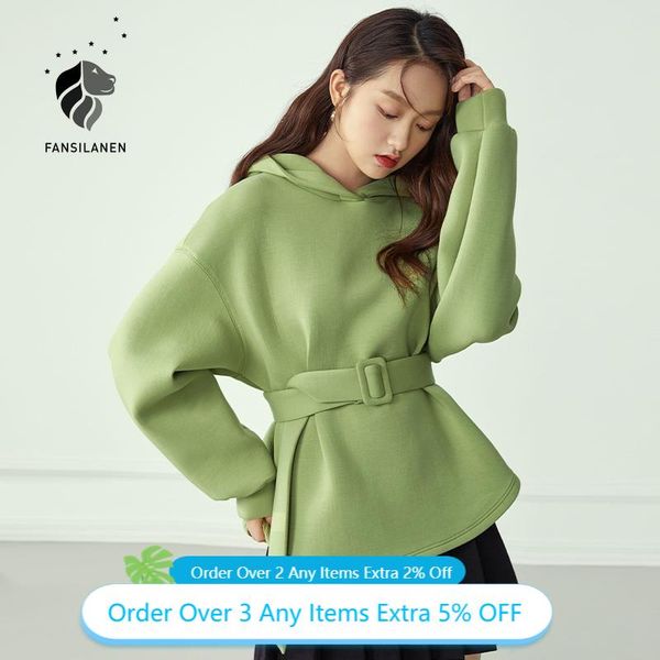 

women's hoodies & sweatshirts fansilanen casual streetwear green hoodie sweatshirt women belt black oversized female long sleeve winter