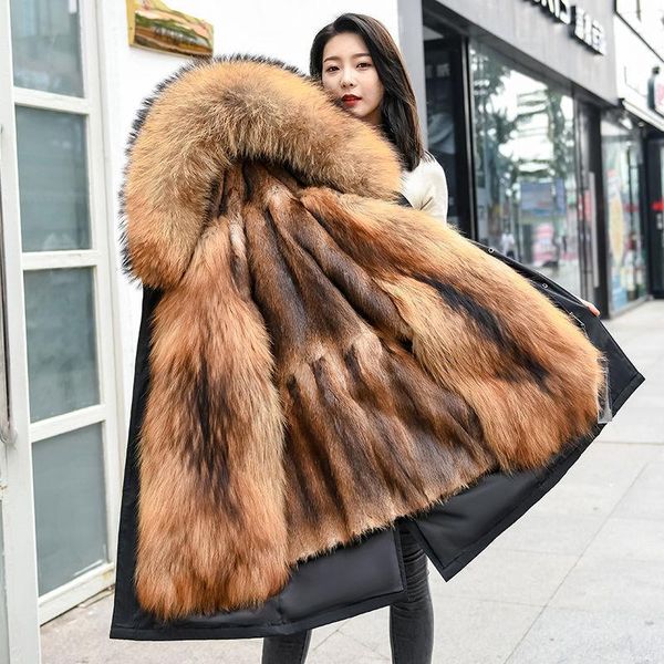 

women's fur & faux winter lady sent to overcome long coat whom imitation heavy hair led the 2021, Black