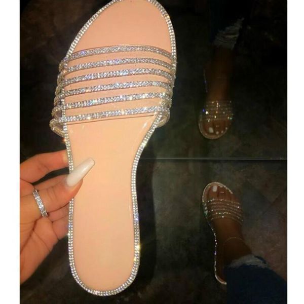 

drop women slippers flat beach female slides outdoor large size summer roman ladies rhinestone wholesale, Black