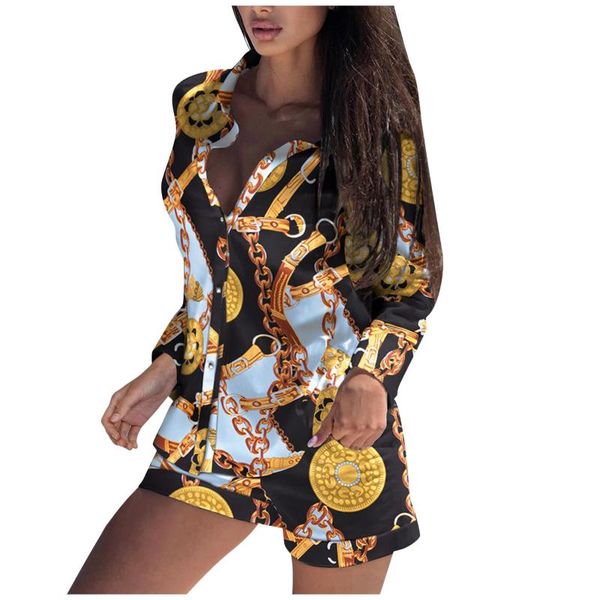 

women's tracksuits retro women long sleeve chain printed button up shirt blouse casual summer autumn shirts shorts set two piece suits, Gray