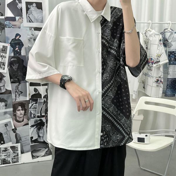 

men's casual shirts fashion men oversized loose harajuku streetwear patchwork woman shirt big size summer blouse 2021, White;black