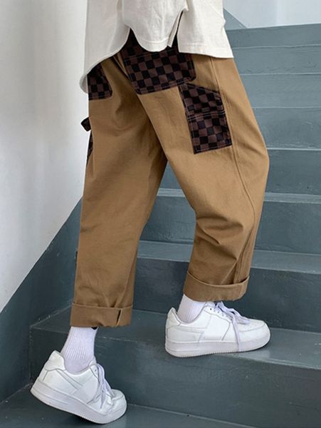 

men checker print contrast panel strap detail pants y1wh#, Black