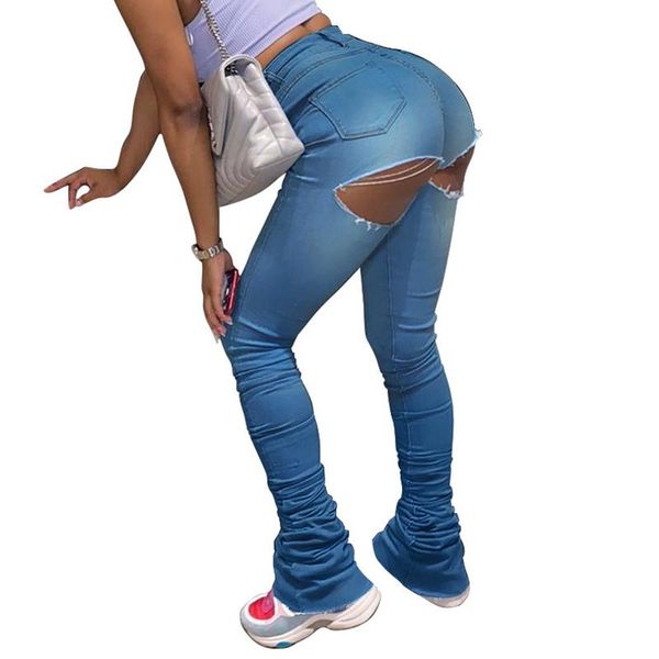 

ruched stacked jeans women blue high waist bell bottom denim trousers back big hole wide leg skinny flare pants women's