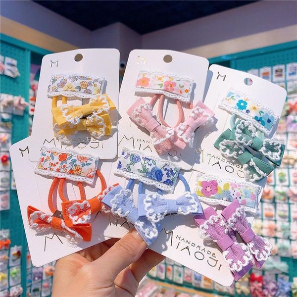 

hair accessories 3 pcs sweet girl baby cute lace bow rubber band headdress korean children's fabric floral square bb clip kids, Slivery;white