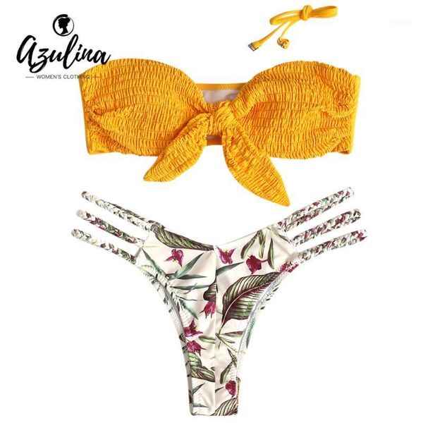 

women's swimwear azulina knot shirred leaf print braided bikini set strappy halter bandeau low waist women bikinis 2021 mujer, White;black
