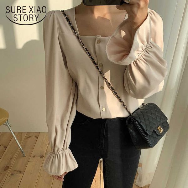 

autumn chic all match square collar delicate slender flare sleeves solid elegant casual office lady loose shirts 10944 210528, White