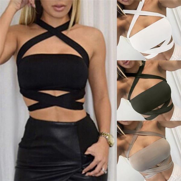 

bras sets 2021 summer crop women cropped tanks cut out crochet halter camisole vest camis sleeveless bodycon bandage, Red;black