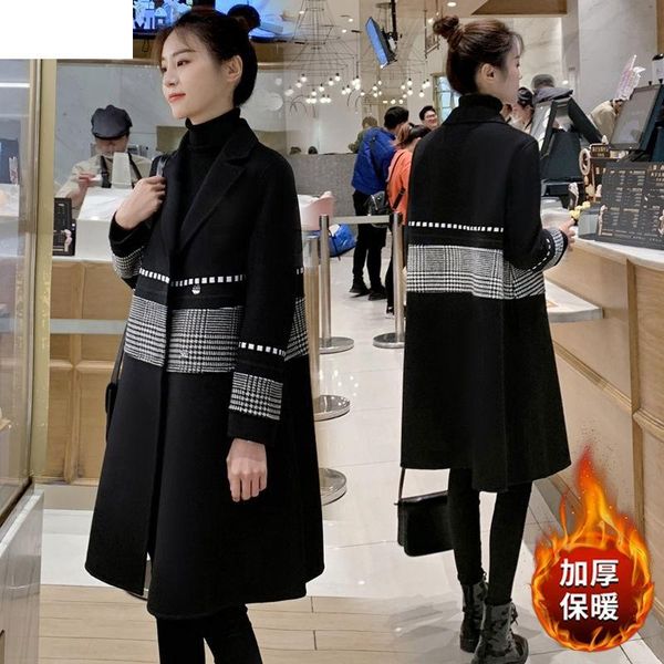 

women's wool & blends 2021 autumn england style full sleeve woolen coats plaid thick warm coat women stitching outerwear, Black