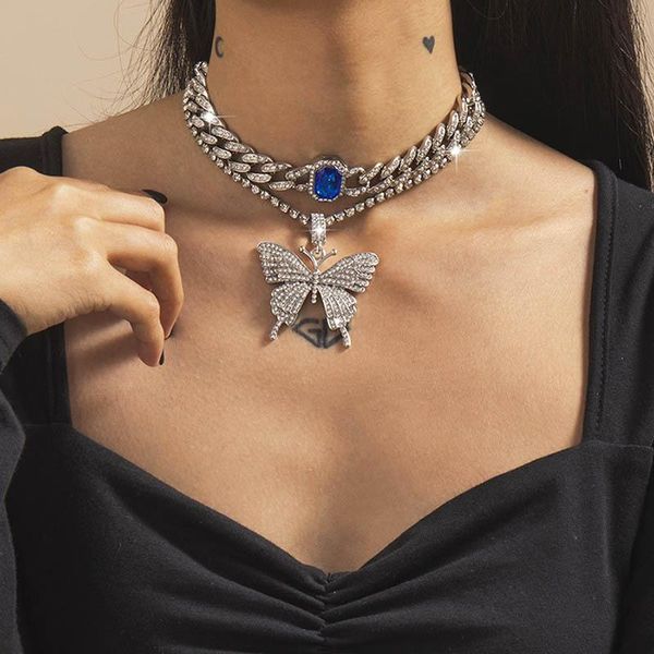 

luxury cuban chain rhinestone crystal gem butterfly pendant necklace women geometric thick statement jewelry necklaces, Silver